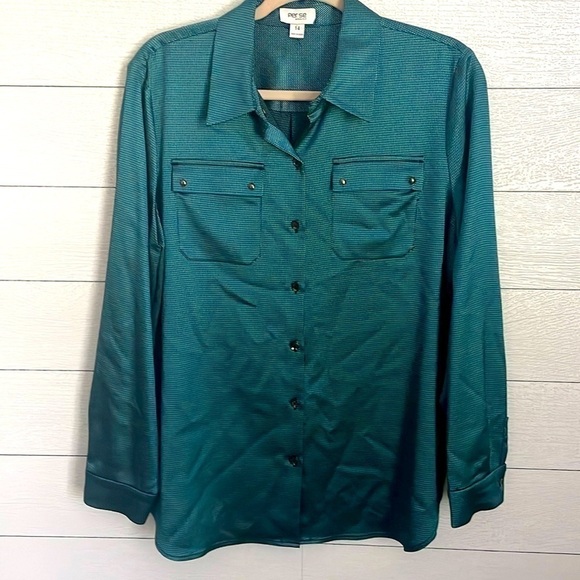 Per Se by Carlisle Women's‎ Green & Blue geometric iridescent button up size 14 - Picture 1 of 8
